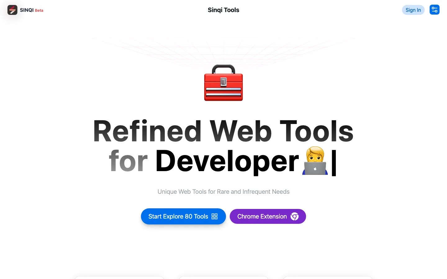 SinQi Tools 官網首頁，標榜 80 Tools 與本地優先的行銷卡片