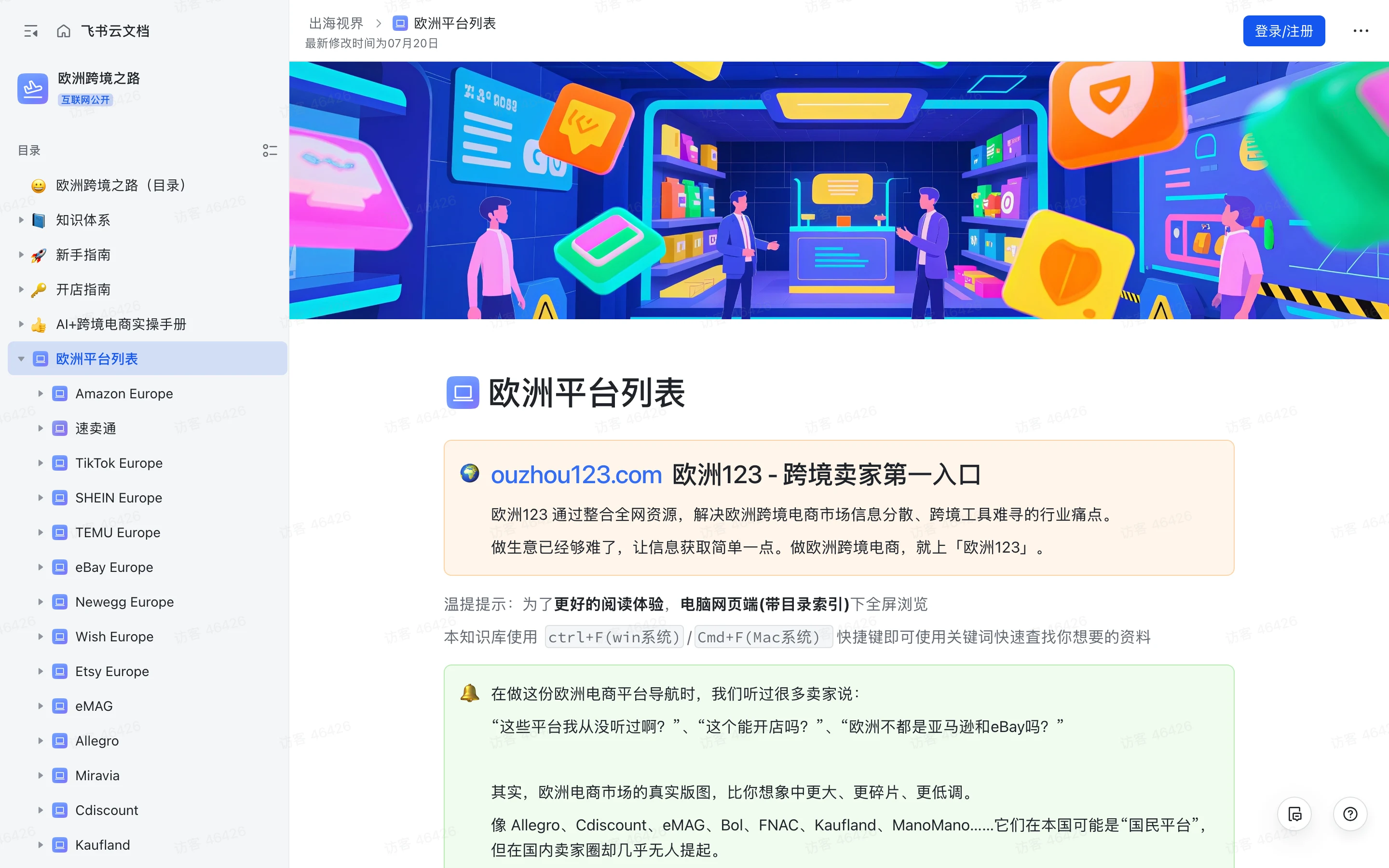歐洲跨境之路知識庫:免費整理 35 國的跨境電商開店資訊 3 歐洲平台列表頁左側目錄:從 Amazon、速賣通、TikTok、SHEIN 一路列下去的平台子頁清單