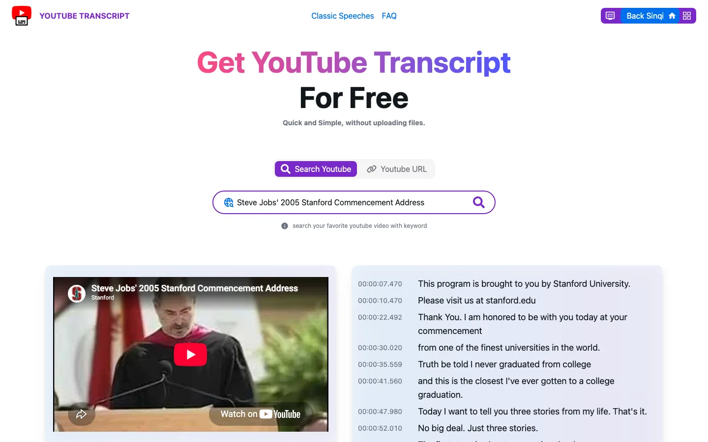 SinQi Tools 的 YouTube Transcript 工具，字幕帶時間戳逐句顯示