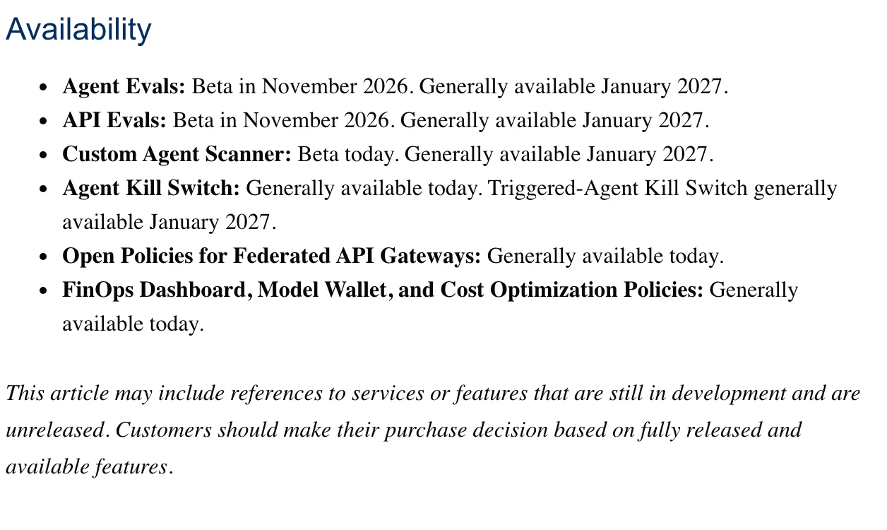 Salesforce Agent Fabric 推代理評估,自動攔截明年一月到位 2 Salesforce 官方公告 2026 年 10 月 Availability 段截圖:Agent Evals 與 API Evals 於 2026 年 11 月 beta、2027 年 1 月正式提供,Custom Agent Scanner 即日起 beta,Agent Kill Switch 即日正式提供、Triggered 版 2027 年 1 月,Open Policies 與 FinOps Dashboard、Model Wallet、Cost Optimization Policies 即日正式提供