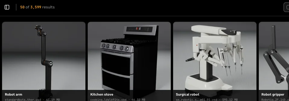 NVIDIA SimReady Central 開放:機器人模擬素材準備推回原廠 2 SimReady Central 官方素材瀏覽器介面,結果計數顯示 3,599 筆素材,頁面列出 Robotiq 夾爪與 Standard Bots 手臂等素材卡片