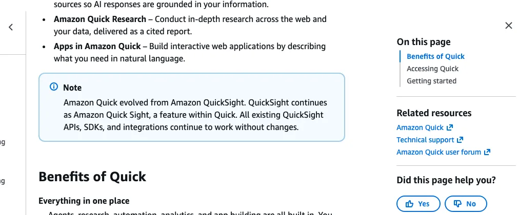 AWS 官方文件註明 Amazon Quick 由 Amazon QuickSight 演進而來，既有 API、SDK 與整合照常運作