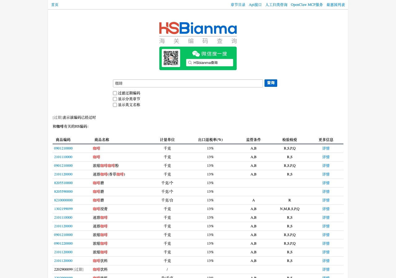 HS 編碼查詢網:繁體中文直接查中國海關稅則與出口退稅 2 HS 編碼查詢網搜尋咖啡的結果表,列出商品編碼、退稅率與監管條件欄位