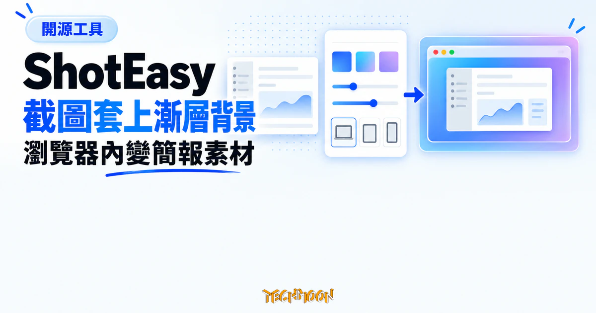 ShotEasy 開源網頁截圖美化器,截圖不出瀏覽器直接套外框輸出 1 TechMoon 精選圖|ShotEasy 在瀏覽器本機為截圖加上漸層背景與設備外框