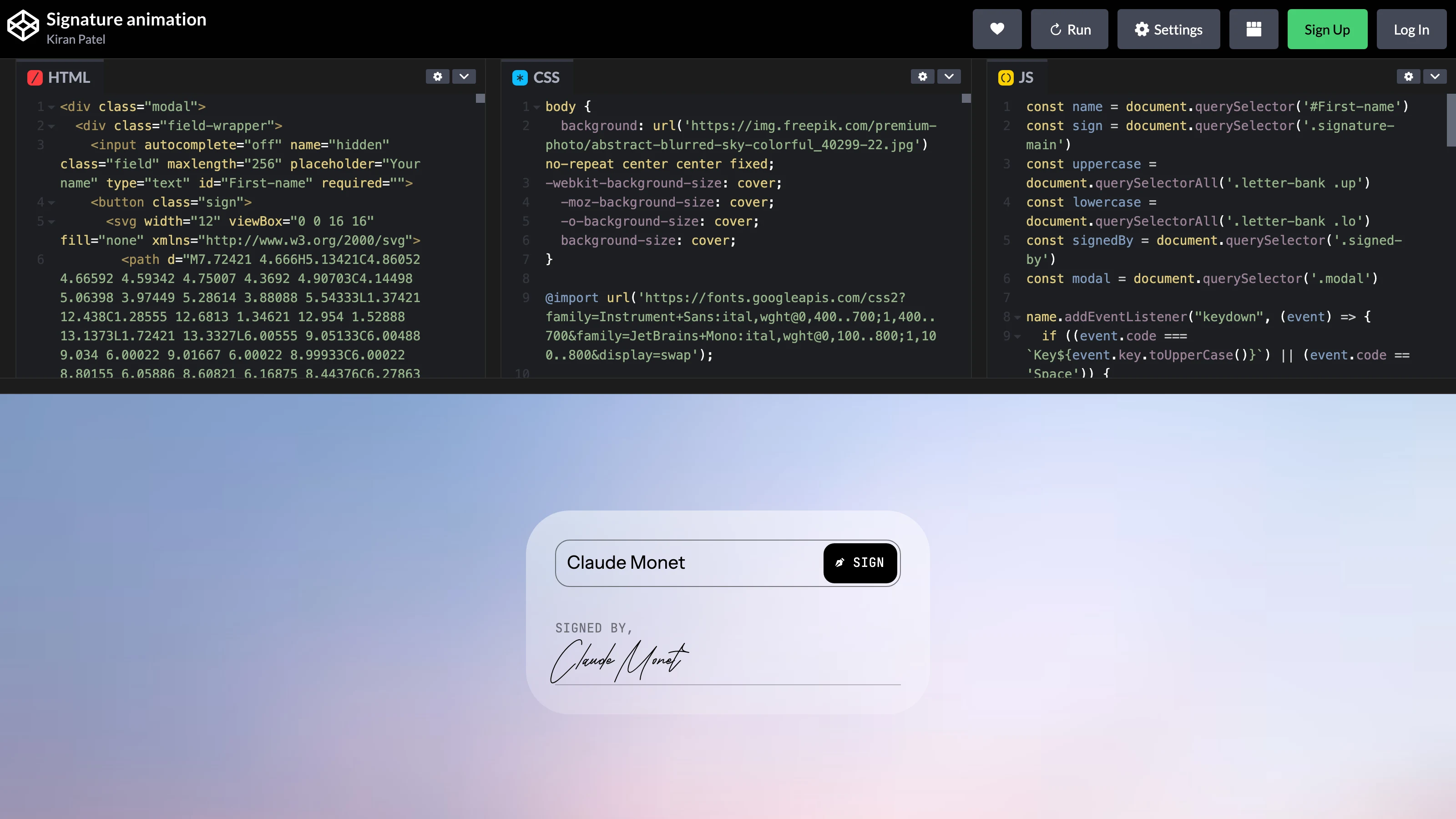CodePen 編輯器畫面，左側為 Signature animation 的 HTML、CSS、JavaScript 原始碼，預覽區顯示手寫簽名結果（官方網站截圖）