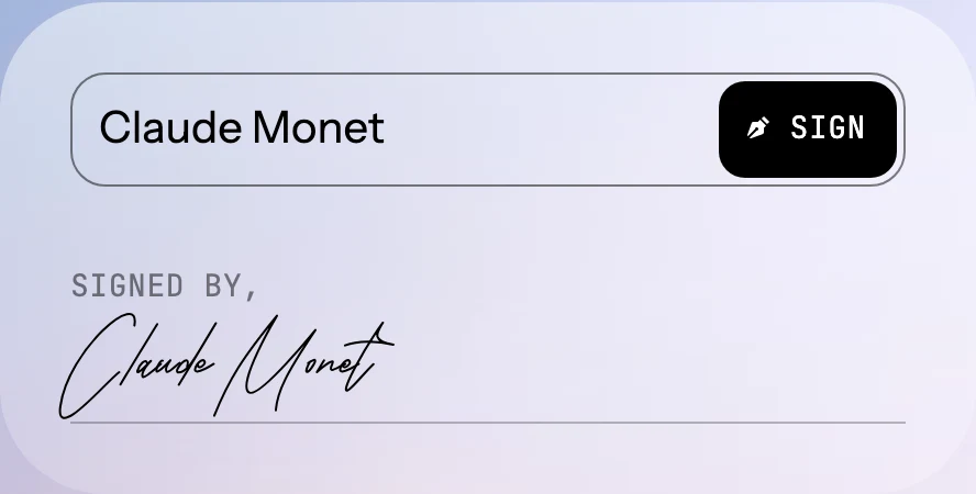 Signature animation 輸入卡片，打上 Claude Monet 後畫面即時畫出手寫簽名與 SIGNED BY 落款（官方網站截圖）