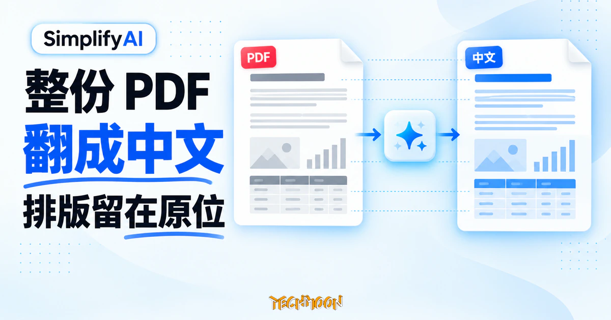 SimplifyAI 文件翻譯工具:整份 PDF 翻成中文,排版留在原位 1 TechMoon 精選圖|SimplifyAI AI 文件翻譯概念圖,整份 PDF 翻成中文並保留原始排版
