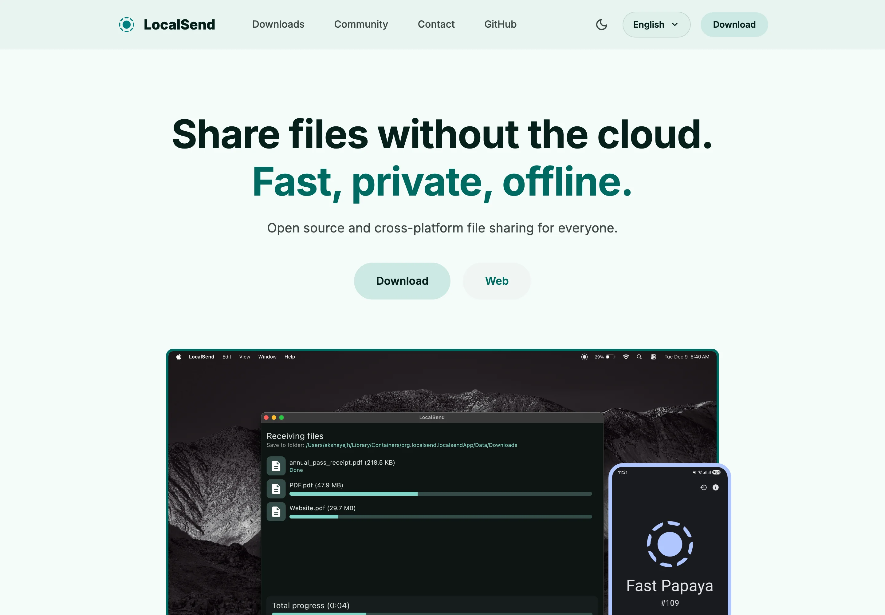 LocalSend 官網首頁，標示開源跨平台檔案分享、70k 以上 GitHub 星數與 5M 以上下載