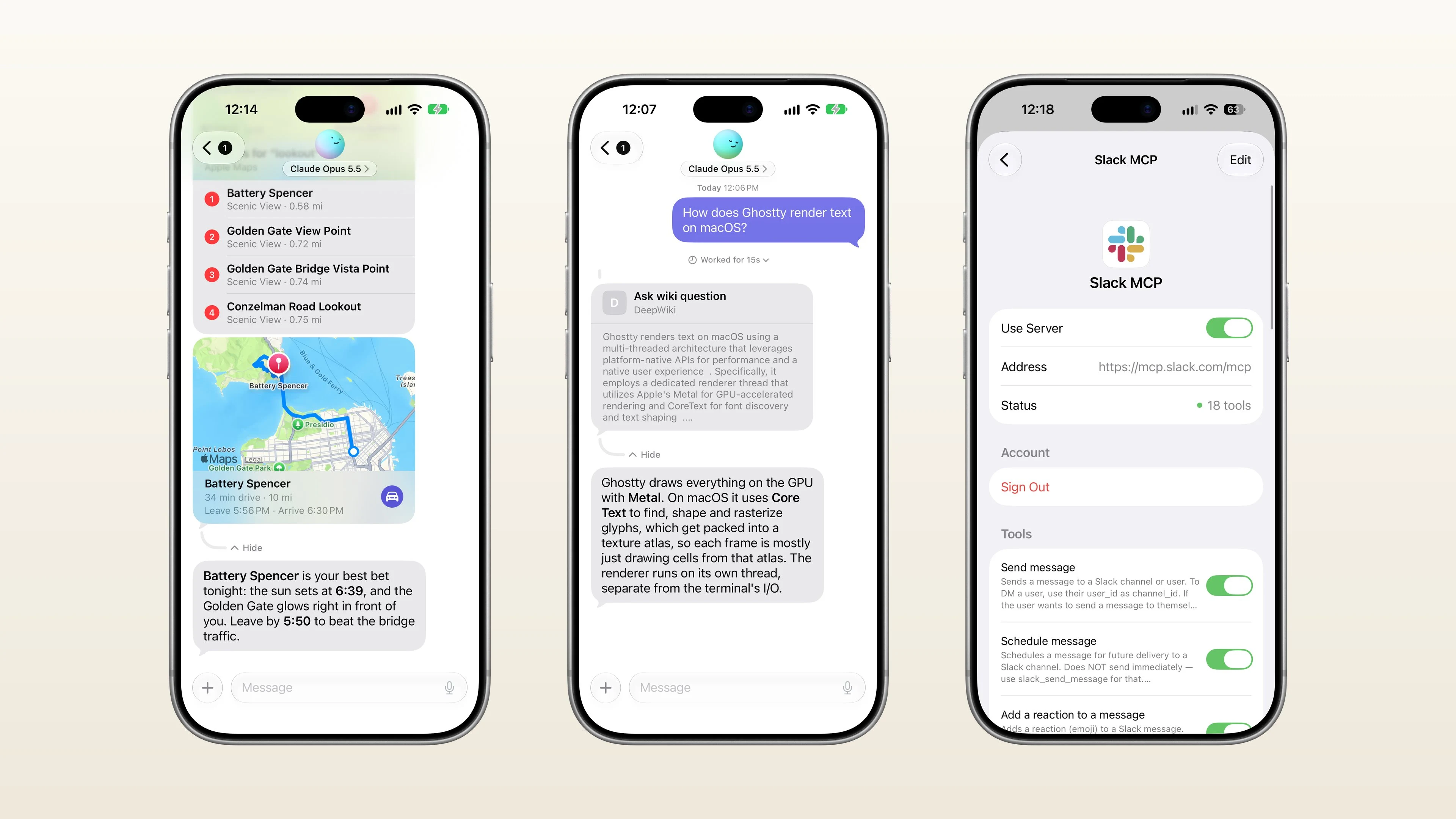 Pelican iPhone AI 代理:鎖定後繼續跑,宣稱都有畫面可核對 5 官方截圖:Slack MCP 設定頁顯示 18 tools 與逐工具開關,另可見 Apple 地圖卡與 DeepWiki 工具