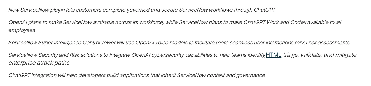 ServiceNow 新聞稿開頭五點摘要：工單外掛、全員採用、語音治理、資安整合與開發者整合