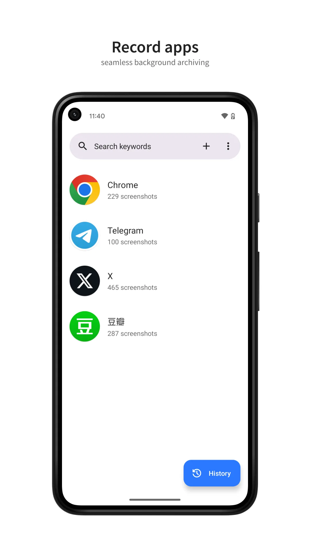 SnapSeek 的監控 App 清單畫面，顯示 Chrome、Telegram、X、豆瓣各自累積的截圖張數