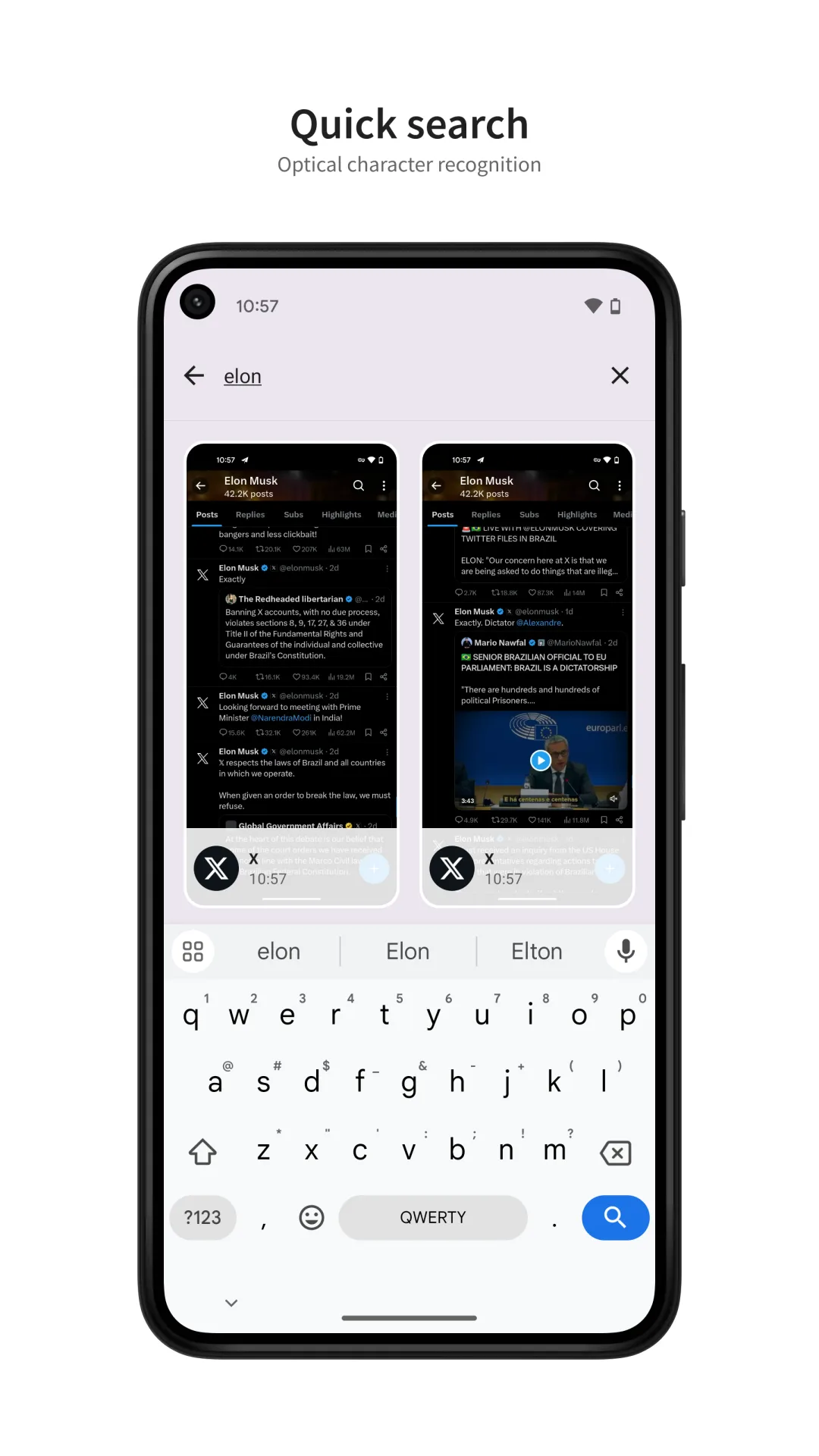 SnapSeek 的搜尋畫面，輸入關鍵字後列出所有拍到的歷史截圖縮圖