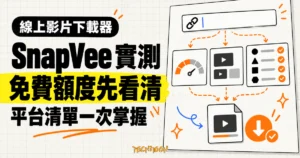 TechMoon 精選圖｜SnapVee 線上影片下載器實測，以影片連結、免費額度刻度與多平台清單呈現使用前要確認的限制。