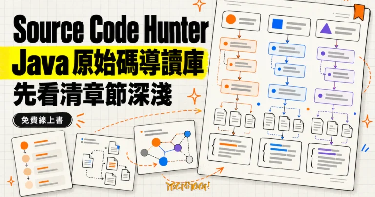 TechMoon 精選圖｜Source Code Hunter 免費 Java 框架原始碼導讀知識庫，涵蓋 Spring、Netty、MyBatis 並以章節深淺協助選讀