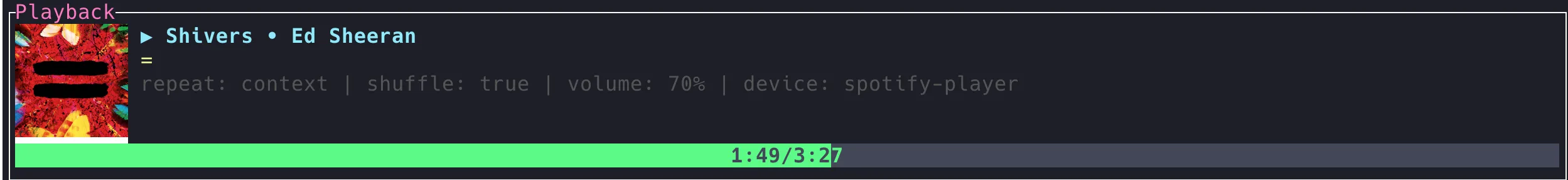 Spotify Player 在 iTerm2 終端機的官方介面截圖，顯示專輯封面與播放狀態列