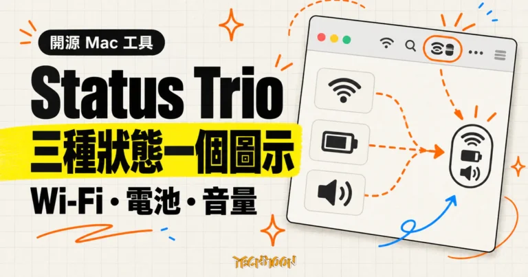 TechMoon 精選圖｜Status Trio 把 Mac 選單列的 Wi-Fi、電池與音量收進單一狀態圖示