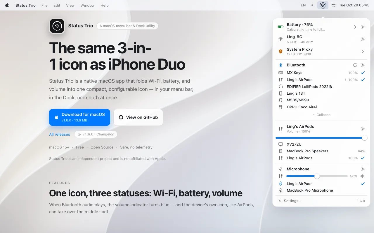 Status Trio 開源 Mac 選單列工具,把三種系統狀態收進一個圖示 3 Status Trio 官方展示網頁,首頁提供圖示狀態模擬器與下載按鈕