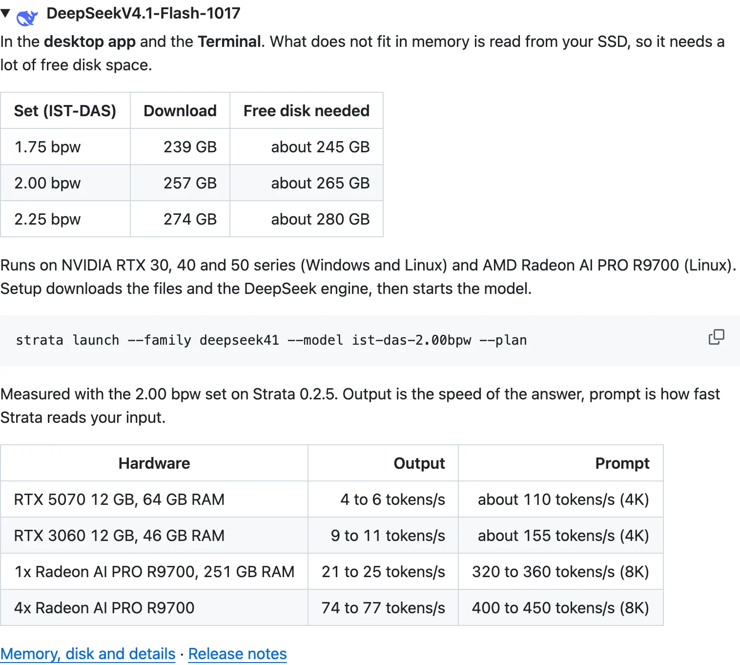 Strata 12GB 顯卡跑 DeepSeek V4.1 Flash:先算硬碟與 RAM 2 Strata 官方 README 的 DeepSeekV4.1-Flash-1017 段落,包含三組量化檔的下載量與建議可用硬碟表,以及 RTX 5070、RTX 3060 與 Radeon AI PRO R9700 的實測速度表