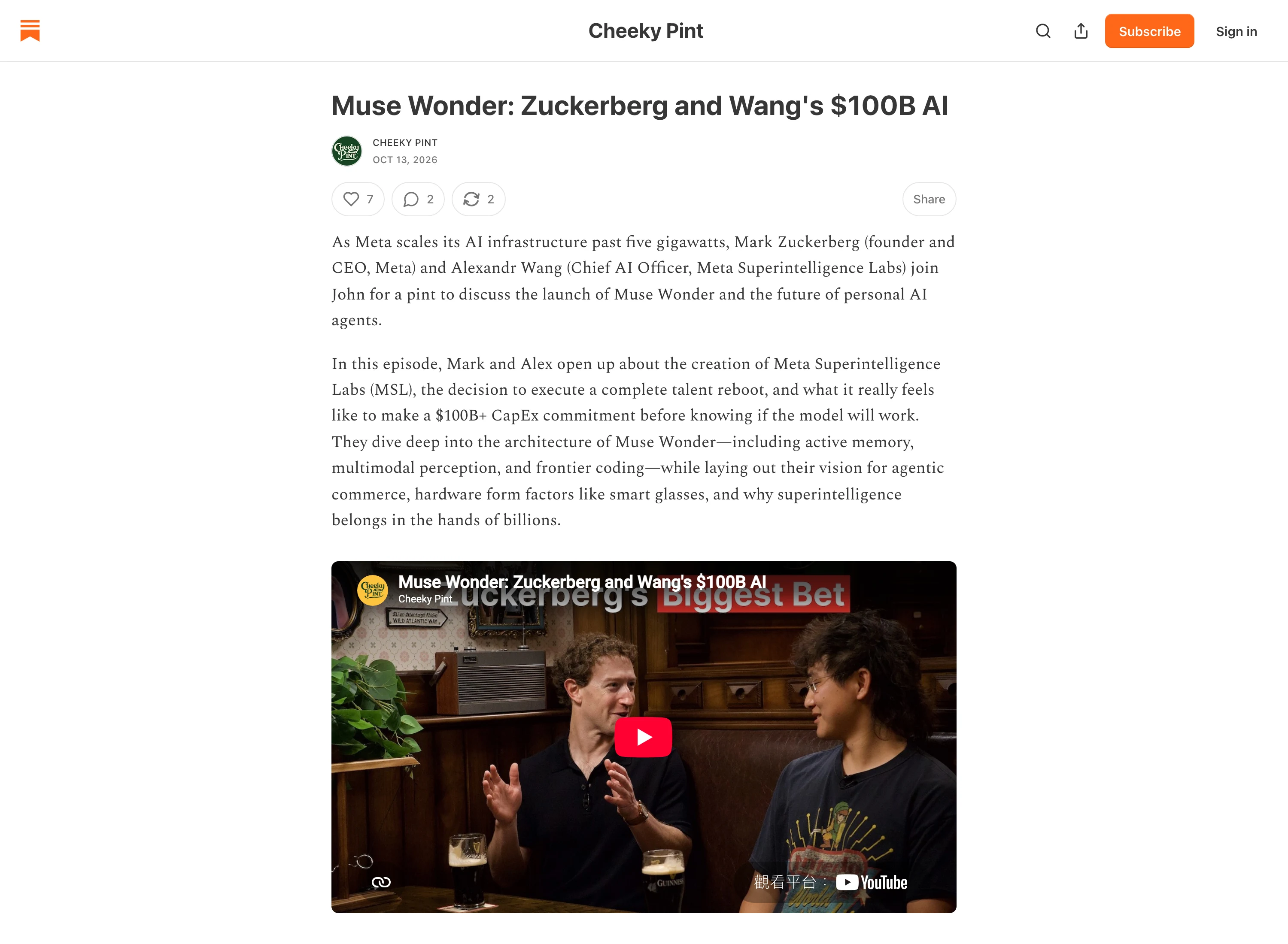 祖克柏談千億美元 AI 支票:模型還沒看到,錢先簽下去 2 Cheeky Pint 單集頁頂部,標題 Muse Wonder: Zuckerberg and Wang's 100B AI 與來賓介紹
