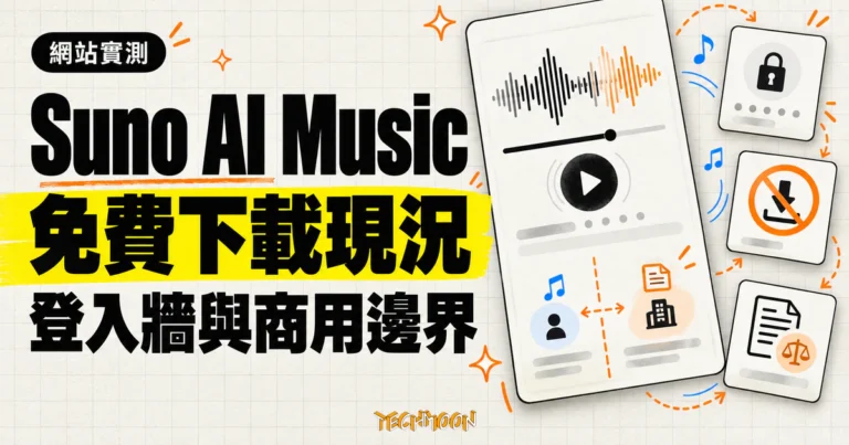 TechMoon 精選圖｜Suno AI Music 音樂網站實測，免費下載現況與登入牆、商用授權邊界