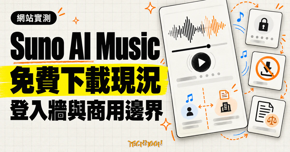 Suno AI Music 實測:掛 Suno 名號的音樂站,看清下載現況 1 TechMoon 精選圖|Suno AI Music 音樂網站實測,免費下載現況與登入牆、商用授權邊界