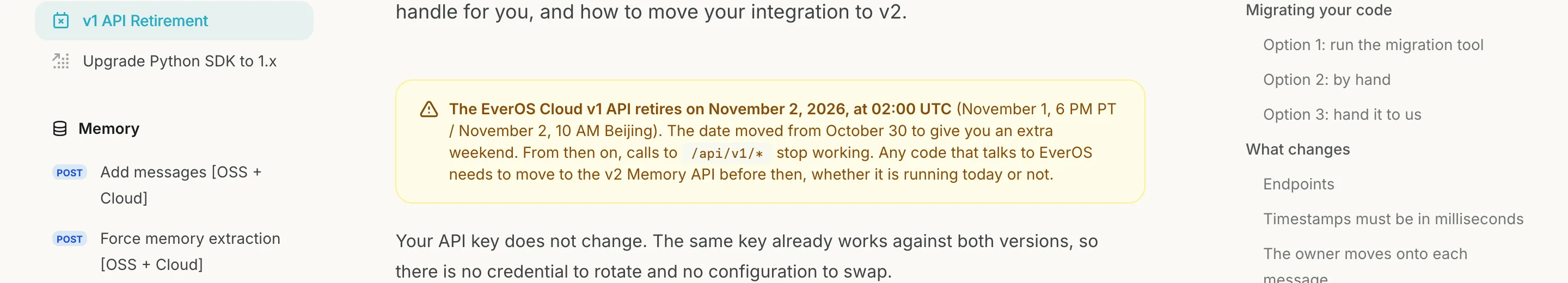 TechMoon 內文截圖｜EverOS 官方文件 v1 API 退役公告警告方塊，載明 11 月 2 日 02:00 UTC 停止回應