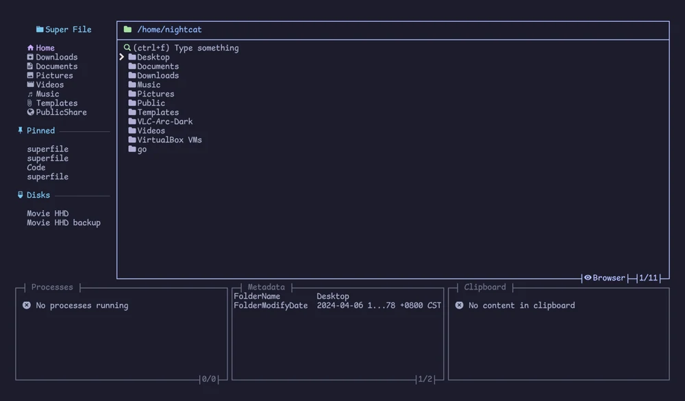 superfile 開源終端檔案管理器,brew 裝完零設定就能上手 2 superfile 官方示範畫面,多個檔案面板並排搭配右側預覽區同時操作(TechMoon 截圖)