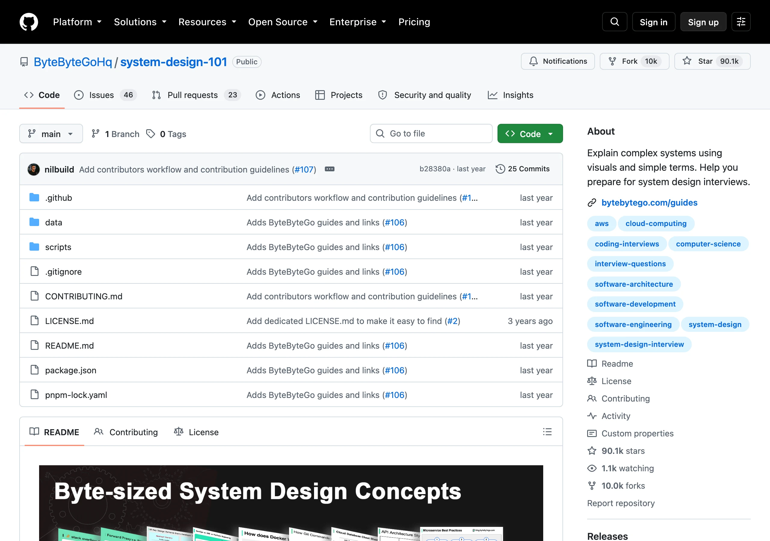 System Design 101:9 萬星圖解系統設計,內容真身搬到官網 2 System Design 101 的 GitHub 儲存庫頁面,顯示 90.1k 星標與檔案列表