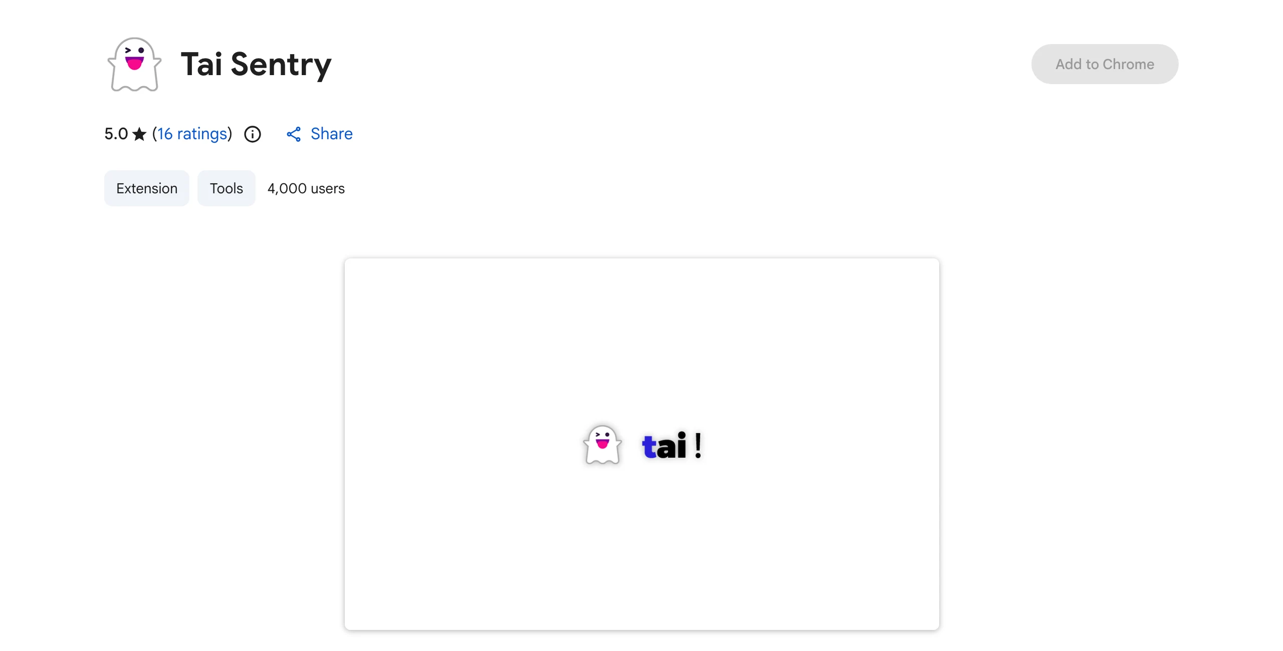 Tai 開源 Windows 時長統計器,把每天的時間花去哪裡記在本機 3 Tai Sentry 瀏覽器擴充在 Chrome 線上應用程式商店的頁面,顯示約 4,000 位使用者與評分