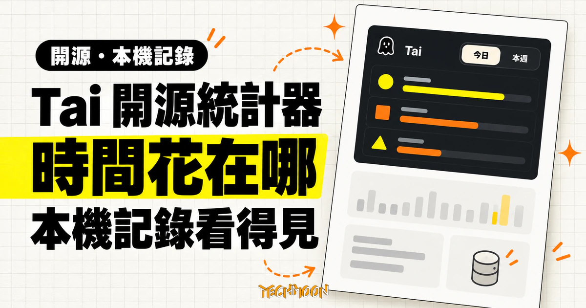 Tai 開源 Windows 時長統計器,把每天的時間花去哪裡記在本機 1 TechMoon 精選圖|Tai 開源 Windows 使用時長統計器概念圖,幽靈圖示、深色介面卡與時間長條圖呈現本機使用紀錄。