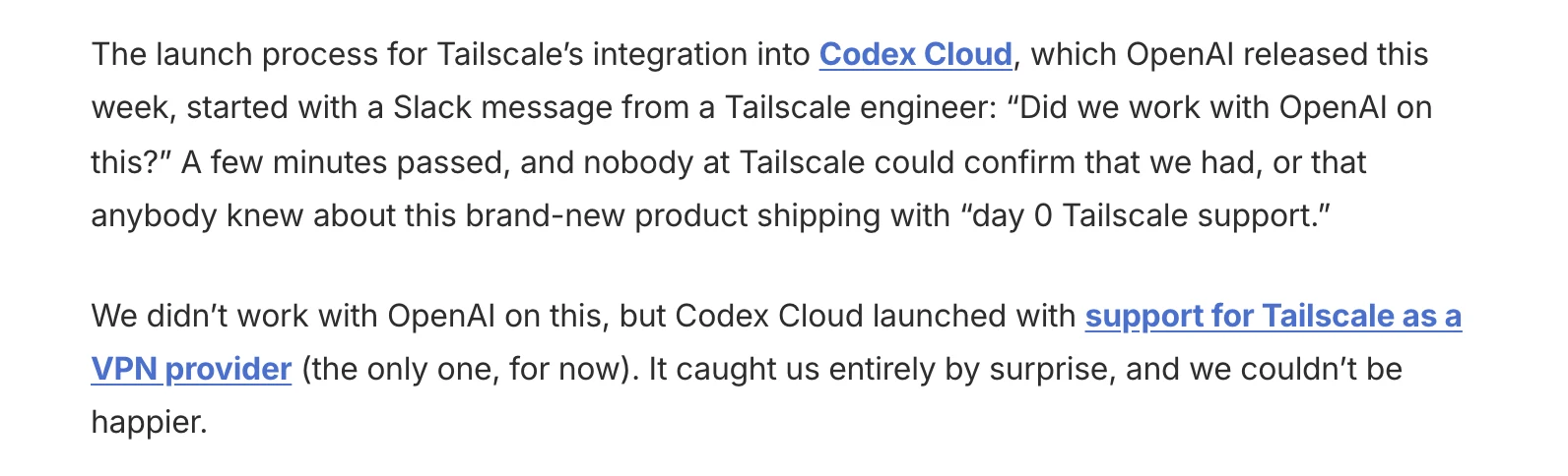 Codex Cloud 連私人網路:內建 Tailscale 沒打招呼,邊界要自己畫 2 Tailscale 官方部落格開頭兩段:整合消息從一則 Slack 訊息開始,Codex Cloud 出貨就內建 Tailscale 支援