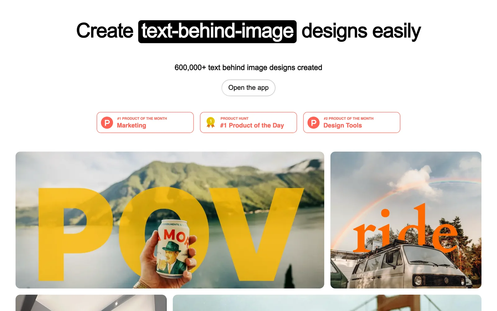 Text Behind Image 開源線上工具,把文字放進照片主體背後 3 Text Behind Image 官方網站首頁,標語寫著超過六十萬個設計已建立,下方掛著 Product Hunt 當日冠軍與行銷類月度冠軍徽章