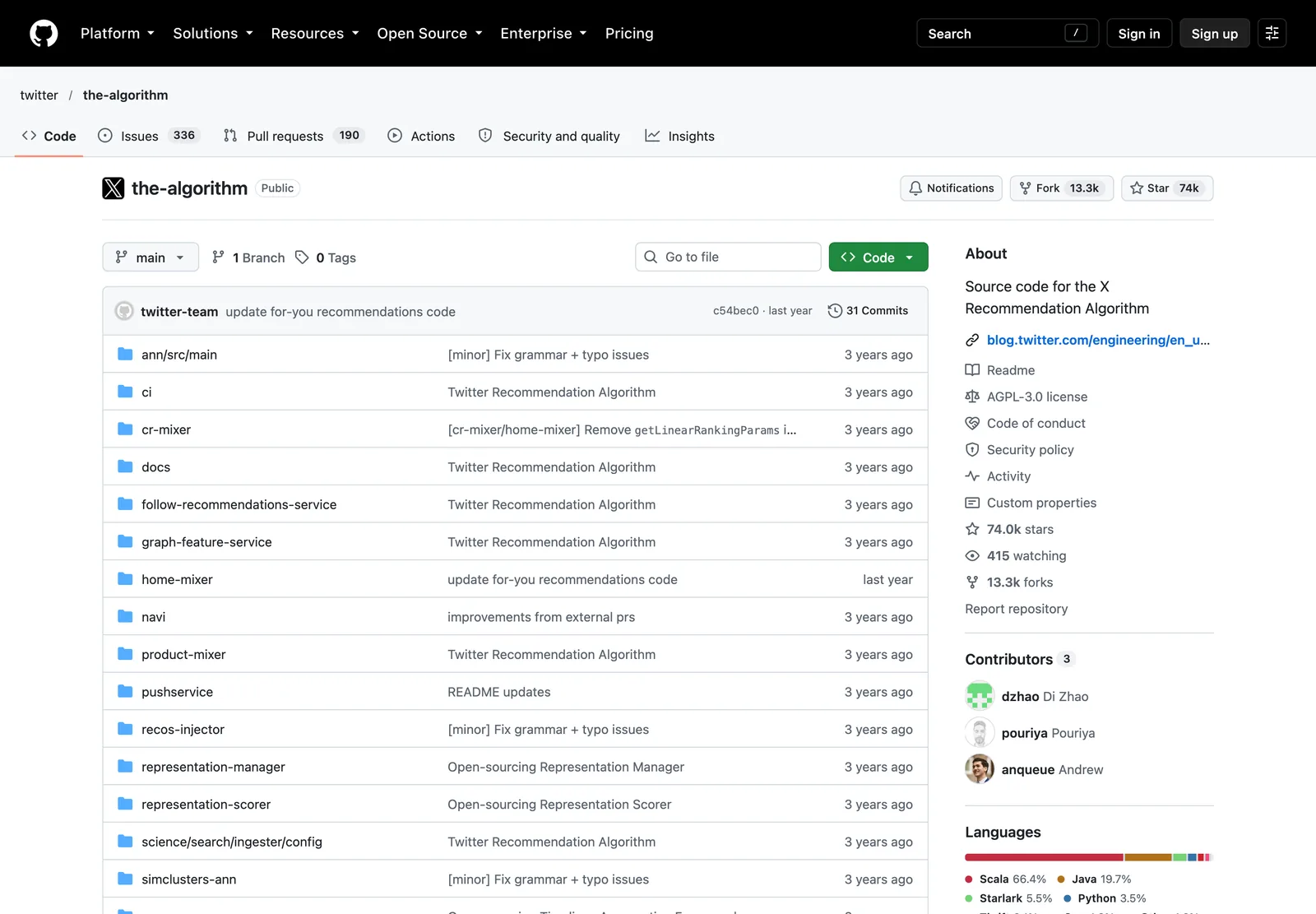 GitHub 上 twitter the-algorithm 倉庫頁面，描述為 X 推薦演算法原始碼，約 74,000 個星標，最近一次提交停在 2025 年 9 月