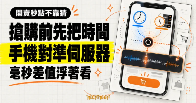 TechMoon 精選圖｜手機螢幕中的本機時間對準電商伺服器時間，懸浮毫秒計時器跨在搶購畫面上顯示時間差。