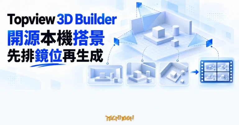 TechMoon 精選圖｜Topview 3D Builder 在本機先排 3D 場景與鏡位，再把構圖交給 AI 影片服務生成成片