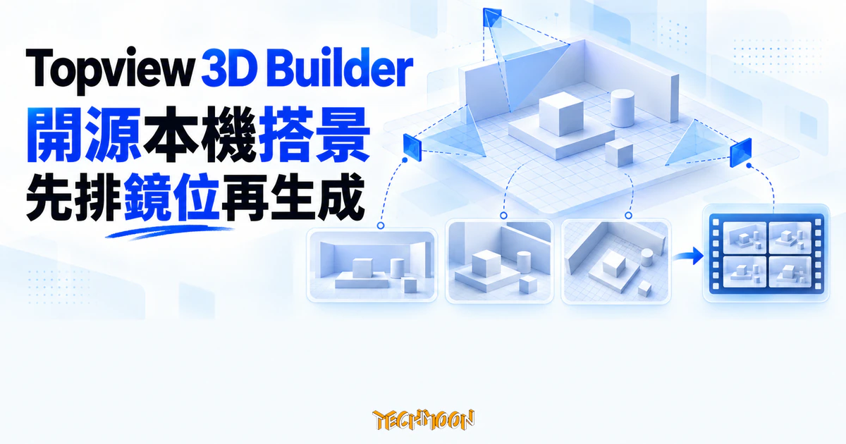 Topview 3D Builder 開源:搭景排鏡位本機免費,成片才付費 1 TechMoon 精選圖|Topview 3D Builder 在本機先排 3D 場景與鏡位,再把構圖交給 AI 影片服務生成成片