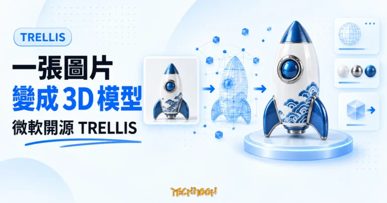 TechMoon 精選圖｜TRELLIS 圖片轉 3D 概念圖，單張火箭圖片經過結構節點與網格重建，轉換成帶材質的立體模型。