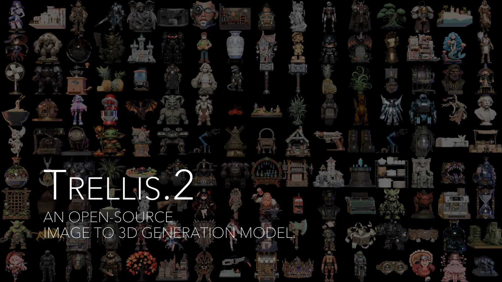 TRELLIS.2 官方示意圖，格狀排列的 3D 生成資產展示牆