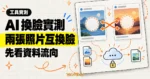 TechMoon 精選圖｜Tuguoba AI Faceswap 換臉實測，以兩張抽象照片卡互換臉部選取區並標示照片資料流向。