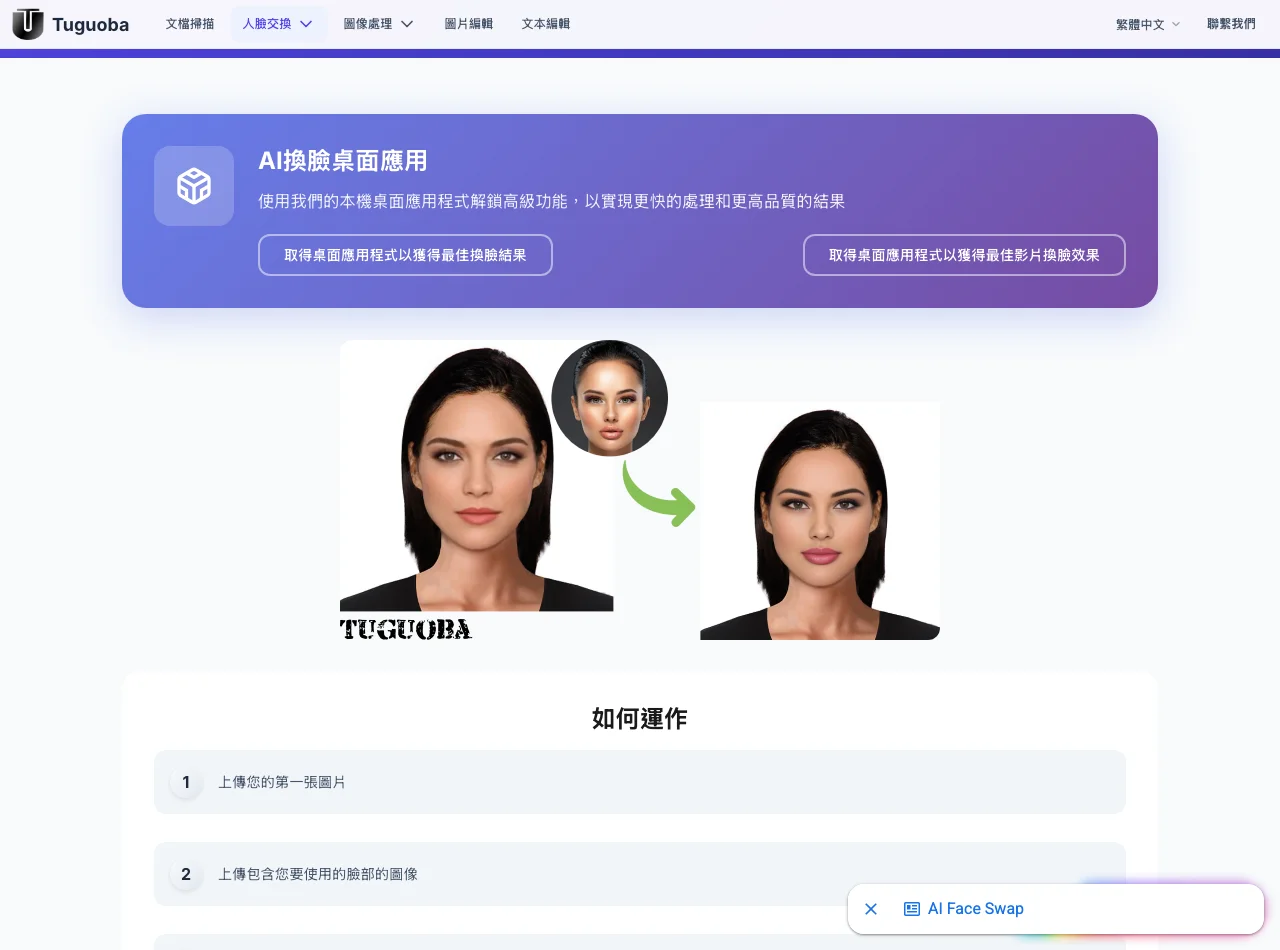 Tuguoba AI Faceswap 換臉實測:19 秒換好一張臉,照片流向先看清 2 Tuguoba AI Faceswap 免費網頁版換臉工具的操作介面與使用步驟說明