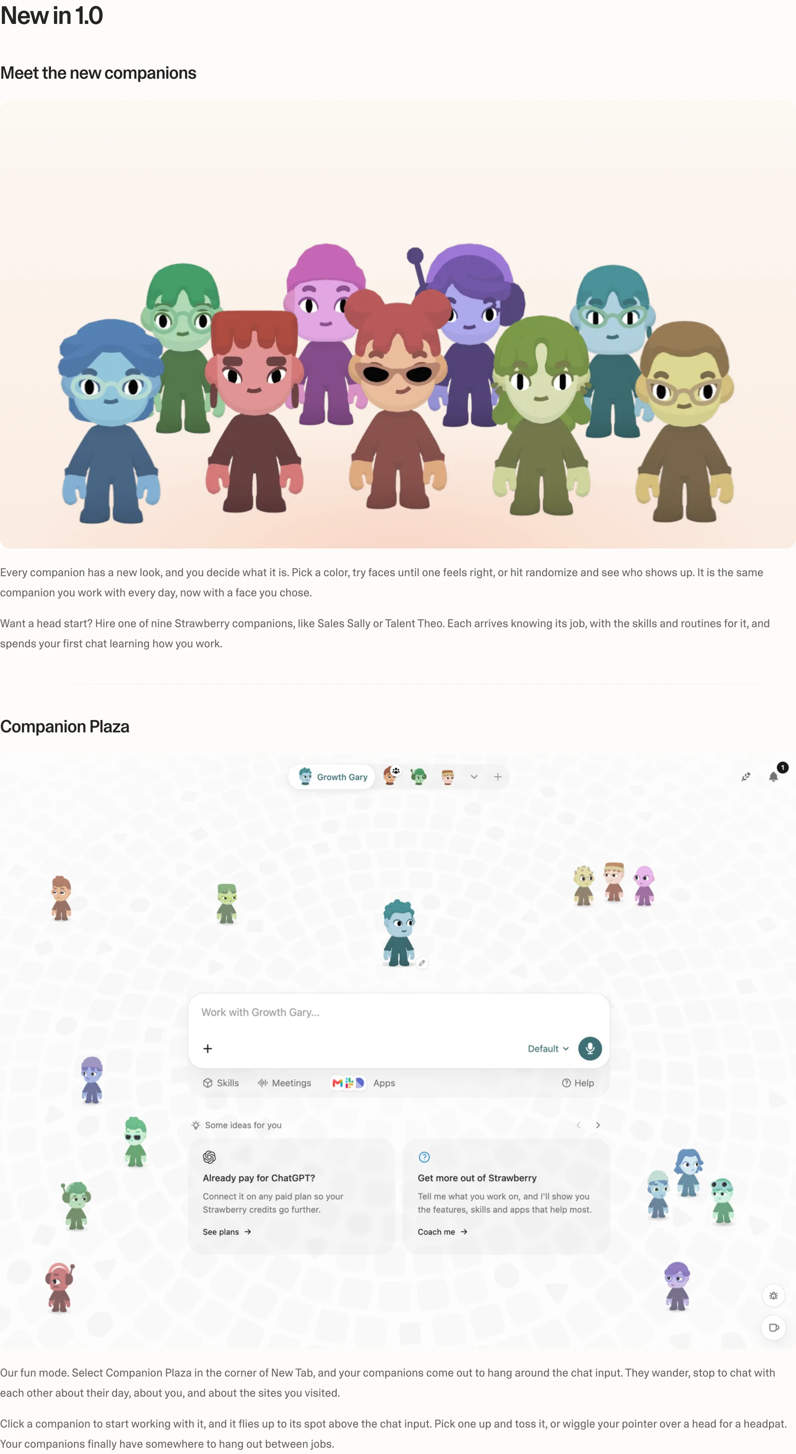 Strawberry 1.0 登場:把 AI 夥伴做成可雇用的瀏覽器同事 3 Strawberry 官方更新頁 2026 年 10 月截圖:New in 1.0 區塊介紹可自訂外觀的夥伴、九種官方角色與新分頁的 Companion Plaza