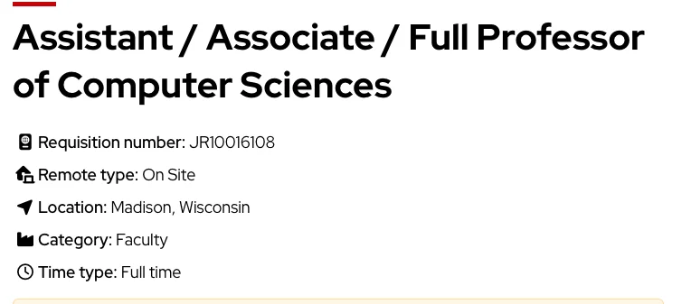 Jobs at UW 官方職缺頁面標頭，列出 Assistant、Associate 與 Full Professor of Computer Sciences 職稱、編號 JR10016108、On Site、Madison Wisconsin、Faculty 與 Full time