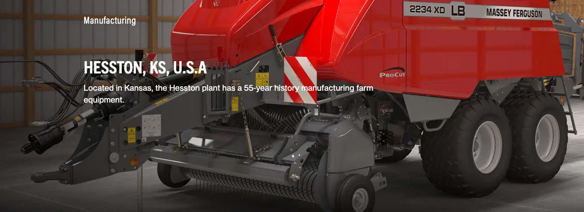 AGCO 把人形機器人請進牧草設備廠,2027 試點先接零件與料箱 3 Massey Ferguson 官方 Hesston 廠頁截圖,標題 HESSTON, KS, U.S.A,說明該廠有 55 年農機製造歷史,工程師於 1970 年代首創大型打包機概念