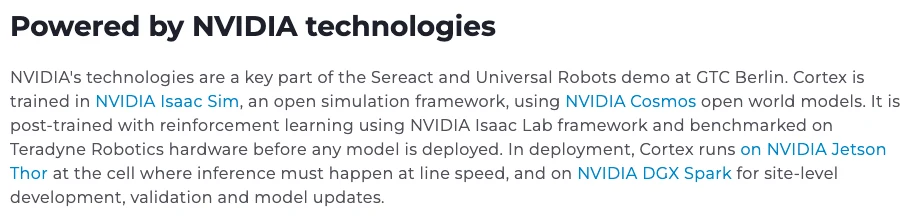 Sereact 與 Teradyne 退貨機器人合作:手臂先落地,官宣才跟上 4 Sereact 官方新聞稿的 NVIDIA 技術段截圖,說明 Cortex 以 Isaac Sim 搭配 Cosmos 開放世界模型訓練、Isaac Lab 強化學習後訓練,部署端由 Jetson Thor 做單元推論、DGX Spark 做站點層開發驗證與模型更新