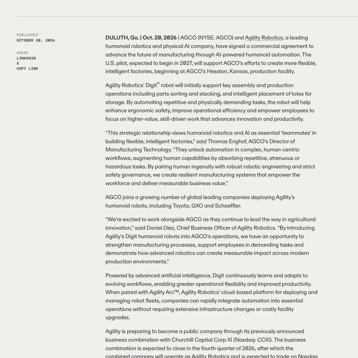 AGCO 把人形機器人請進牧草設備廠,2027 試點先接零件與料箱 2 Agility Robotics 官方新聞稿截圖,刊頭標示 Published October 20, 2026,內文寫明 AGCO 與 Agility 已簽署商業協議,美國試點預計 2027 年從堪薩斯州 Hesston 生產設施開始,Digit 先支援零件分類堆疊與料箱放置