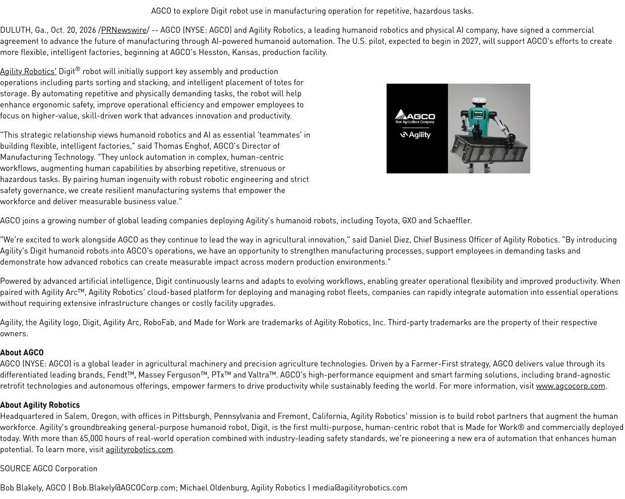 AGCO 把人形機器人請進牧草設備廠,2027 試點先接零件與料箱 5 AGCO 官方新聞室的同一份聯合新聞稿截圖,SOURCE 標示 AGCO Corporation,內文與 Agility 官網版相同,載明商業協議與 2027 年 Hesston 試點