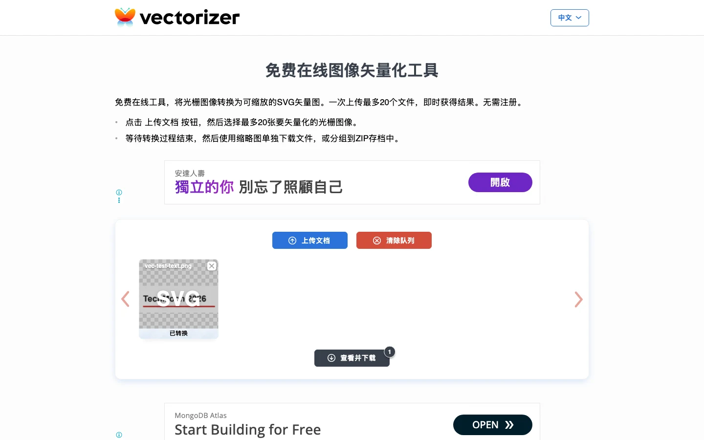 Vectorizer 轉換完成的檔案卡片，顯示縮圖與已轉換狀態，下方整理下載按鈕帶著計數徽章