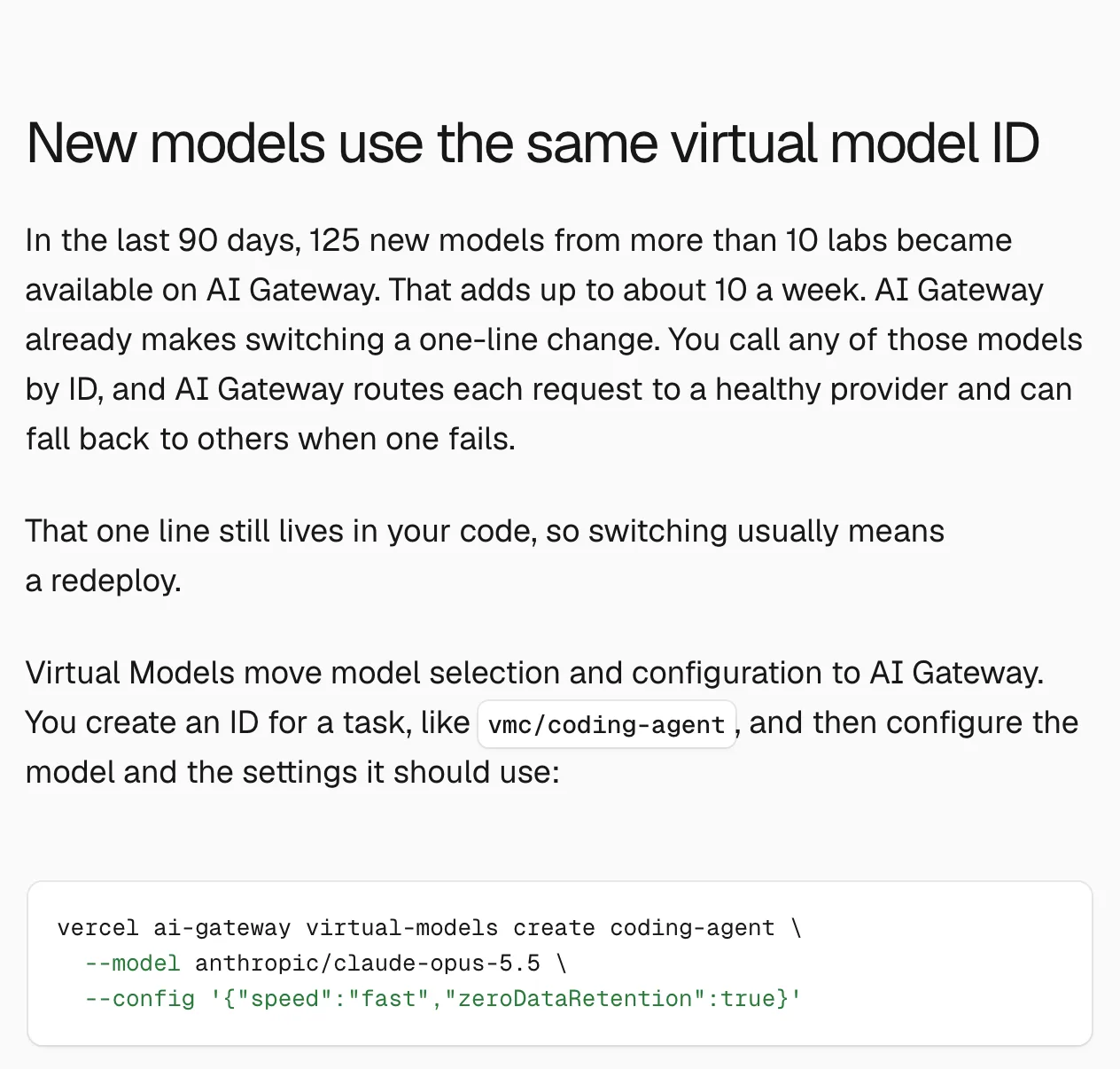 Vercel 官方部落格截圖，段落標題為 New models use the same virtual model ID，內容說明建立 coding-agent 虛擬模型的 CLI 指令，指定 anthropic/claude-opus-5.5 模型與 speed、zeroDataRetention 設定