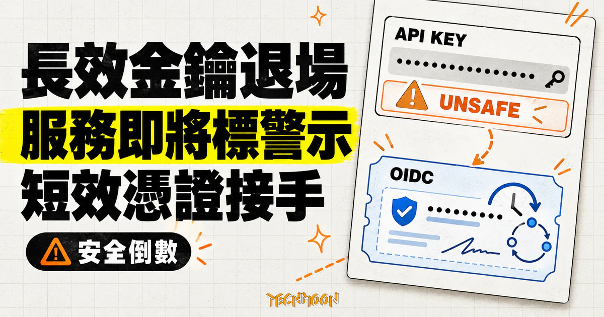 Vercel 市集淘汰長效金鑰,不換短效身分的服務先警示再下架 1 TechMoon 精選圖|Vercel Marketplace 長效 API 金鑰進入退場倒數,未遷移服務將標示不安全,並改由短效身分憑證接手。