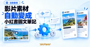 TechMoon 精選圖｜Video Note Generator 概念圖，影片素材經齒輪與自動化流程轉成小紅書風格的圖文筆記卡片